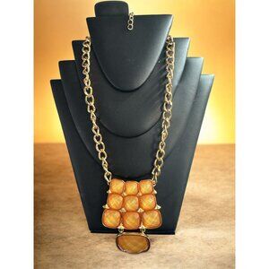 Vintage Gold Chain Necklace with Amber Stones – Bold 3x3 Grid Pendant & Drop Acc